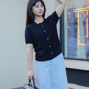百搭洋气打底T恤上衣薄款 2025夏季 女V领宽松显瘦韩版 新款 针织短袖