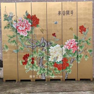 新中式纯手绘屏风隔断金银箔漆画花鸟折屏酒店客厅背景墙装饰定制