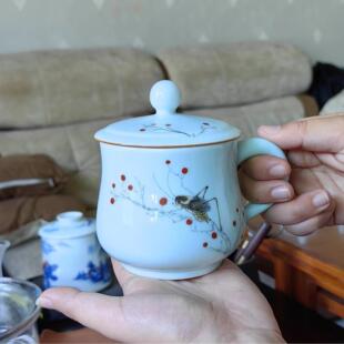 精致家用水杯办公室单杯中式 景德镇茶杯陶瓷带盖水杯 杯子茶具