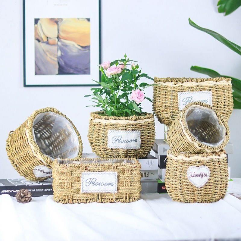 采购产品稻草花篮，藤竹，创意手工编织插花，干花，多肉蝴蝶兰花