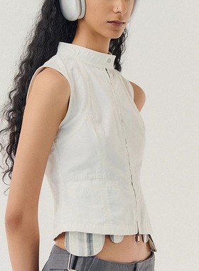 SoloForTwo 拼接插袋 立体裁剪马夹 返潮中古风水洗拉链开衫