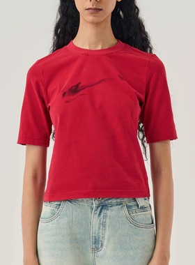 SoloForTwo quietcool红色贝斯T恤 复古做旧收腰中袖合体圆领上衣