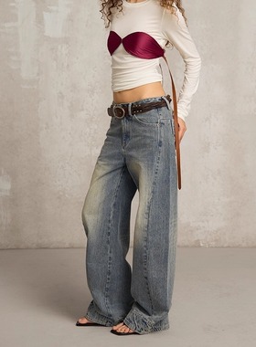 SoloForTwo 前幅走线牛仔裤 水洗轻弯刀廓形休闲裤阔腿宽松直筒裤