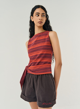 SoloForTwo 复古吊带工字背心 原创条纹绑带红色纯棉无袖上衣女