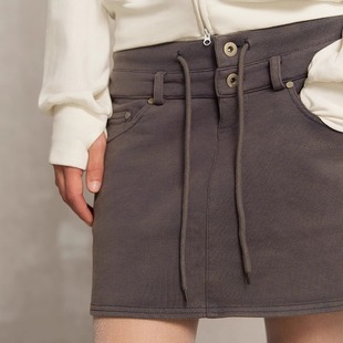 复古做旧水洗中低腰短裙松紧腰抽绳半身裙 半裙 SoloForTwo 烟熏