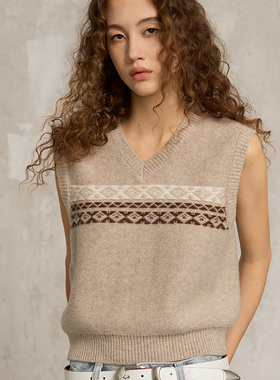 SoloForTwo 反针北欧菱格马甲 羊毛无袖秋冬叠穿针织V领毛衣背心