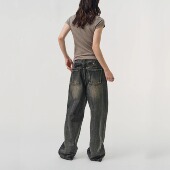 SoloForTwo 复古做旧黑牛仔裤 解压松弛廓形 洗水宽松直筒阔腿裤