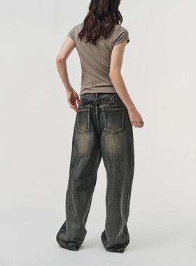 SoloForTwo 解压松弛廓形 洗水宽松直筒阔腿裤复古做旧黑牛仔裤