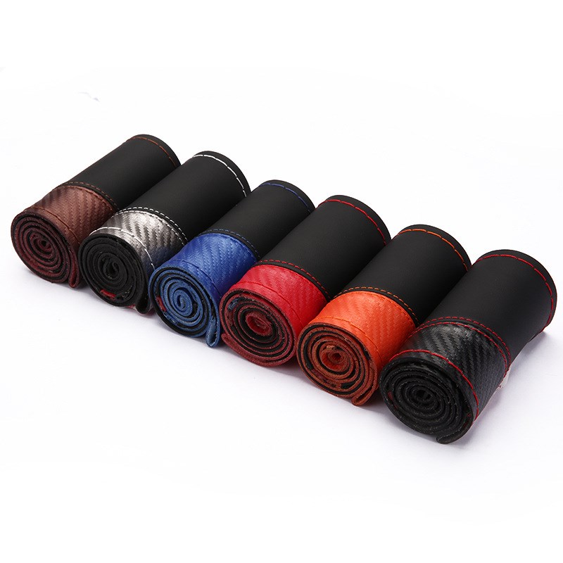 碳纤皮拼色运动款手缝方向盘套 四季适用汽车把套#8806