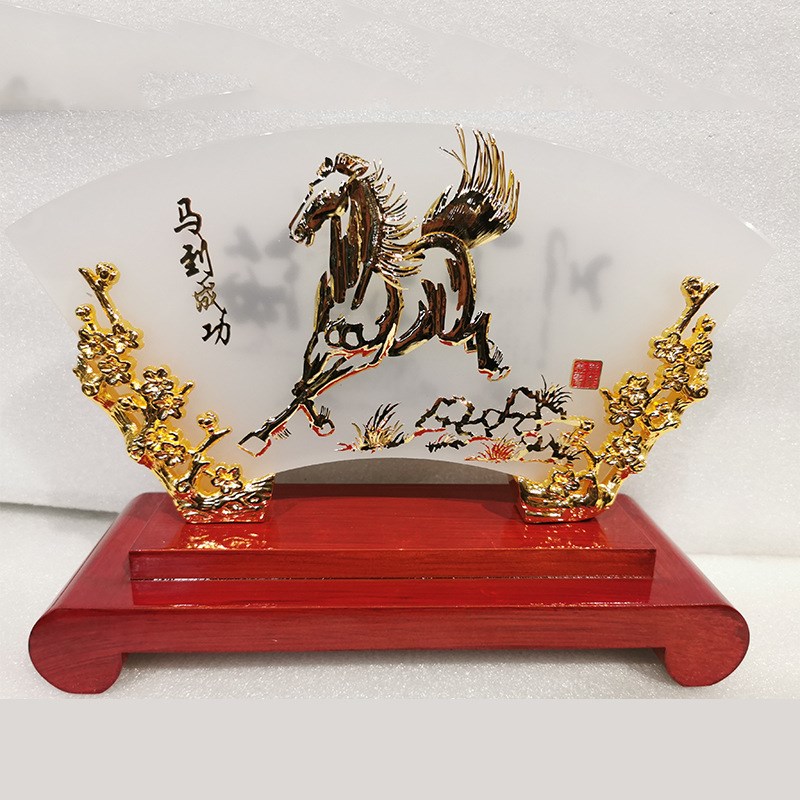 芜湖铁画迎客松镀金玉扇屏风中式摆件手工艺品办公室客厅商务礼品