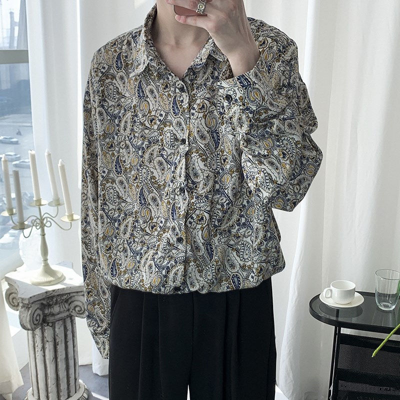 港风很仙腰果花长袖衬衫男韩版夏季设计感bf情侣宽松小众外穿衬衣