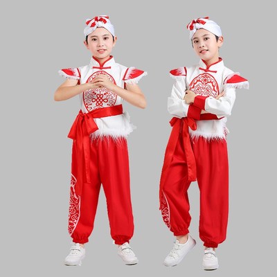 新款儿童安塞腰鼓服红色陕北民族服民歌学生服陕北民歌演出儿童服