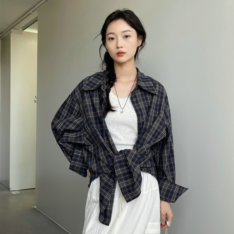 moment复古港风格子衬衣女长袖新款宽松慵懒风百搭防晒衬衫女上衣