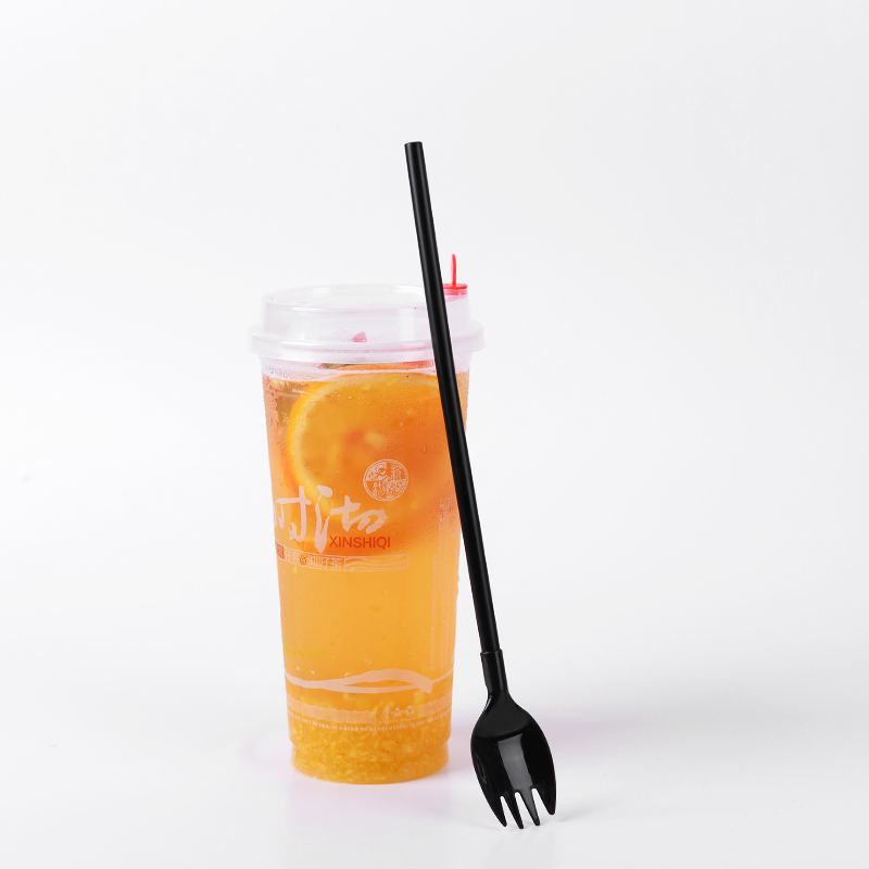 一次性水果茶叉子25cm加长水果茶两用吸管带叉长柄叉长勺子水果叉