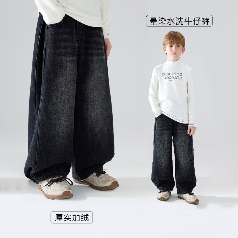 儿童冬季加绒牛仔裤女童男童裤子一体绒加厚保暖直筒裤休闲裤宽松