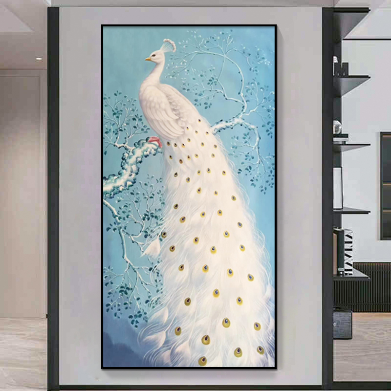 白色孔雀入户玄关装饰画手绘油画新中式动物客厅餐厅艺术挂画竖版图片