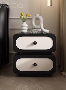 式意极简轻奶奢实床头柜ZQJ简约现代法式油风木储物柜黑色皮质床