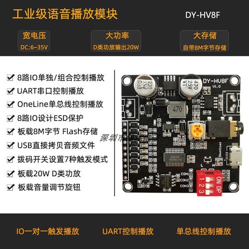 宽压12V/24V语音播放模块 串口触发控制播放语音提示模块开 HV8F
