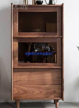 欧黑木餐边柜胡桃木客北厅窄柜边柜书柜小户型立柜LEU储实物柜收