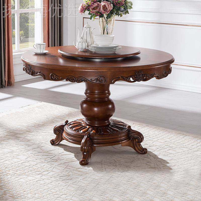 美式全.实木圆餐WWK桌15米带转盘桌食欧式家餐厅用6/8人吃饭桌椅