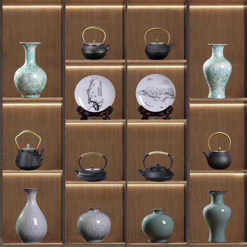 新中式茶室酒店样板房博古架高档覆古茶道摆件茶壶禅意陶瓷花瓶