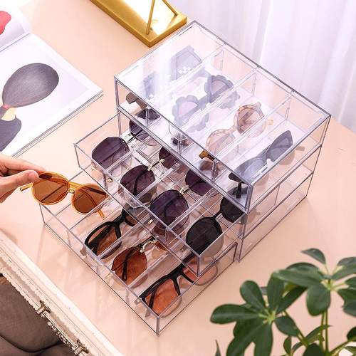 亚克力桌面眼镜墨镜收纳盒抽屉分隔透明防尘叠加化妆品口红置物架