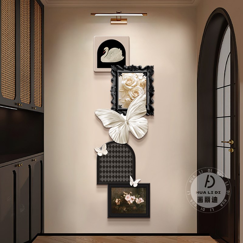 法式中古风入户玄关装饰画蝴蝶高级感客厅挂画复古走廊过道灯壁画