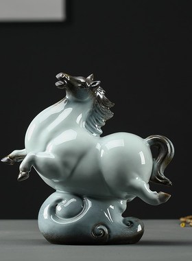 久造陶瓷唐马摆件新中式招财工艺品客厅书房摆设玄关办公桌装饰品