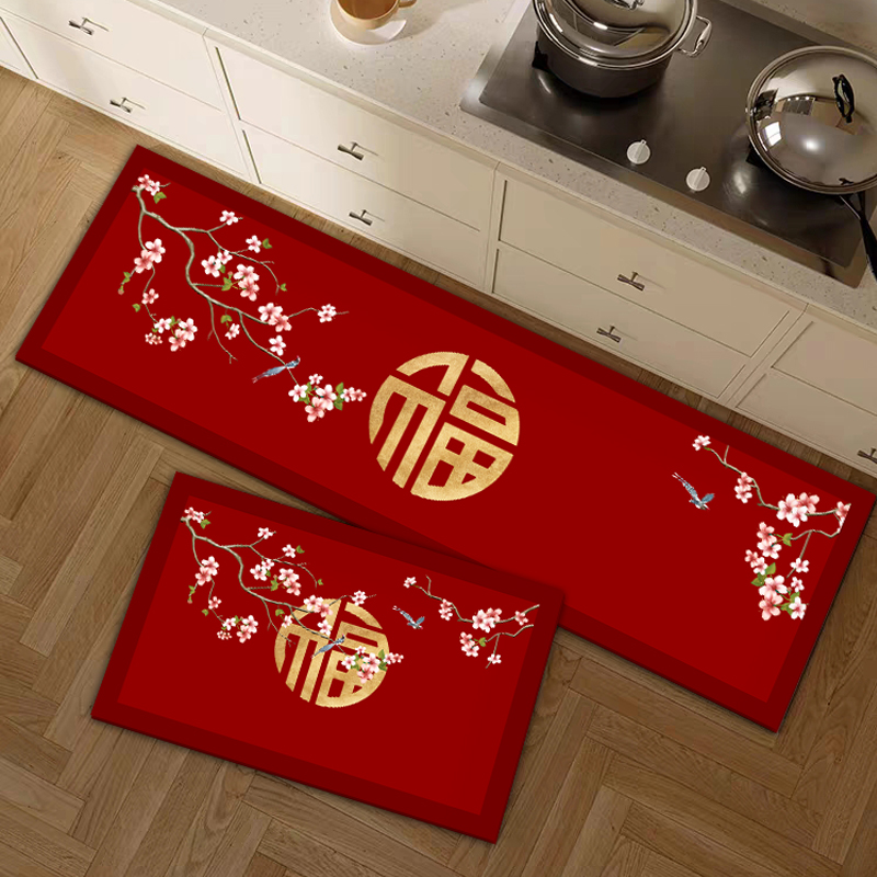 新中式厨房地垫喜庆红色硅藻泥脚垫吸水吸油可擦免洗耐脏防滑门垫