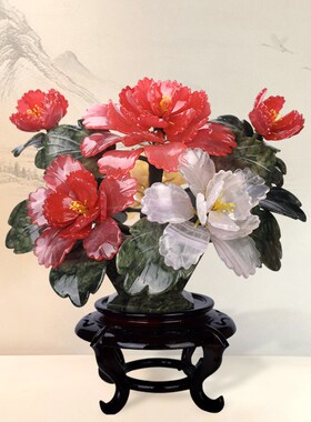 天然玉石牡丹花玉雕景泰蓝工艺品宫廷古风新中式禅意礼品盆景摆件