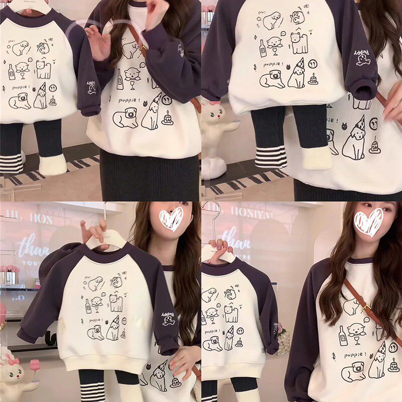 高端亲子装秋冬装一家三口卡通插肩袖圆领厚棉T加绒加厚婴儿连身