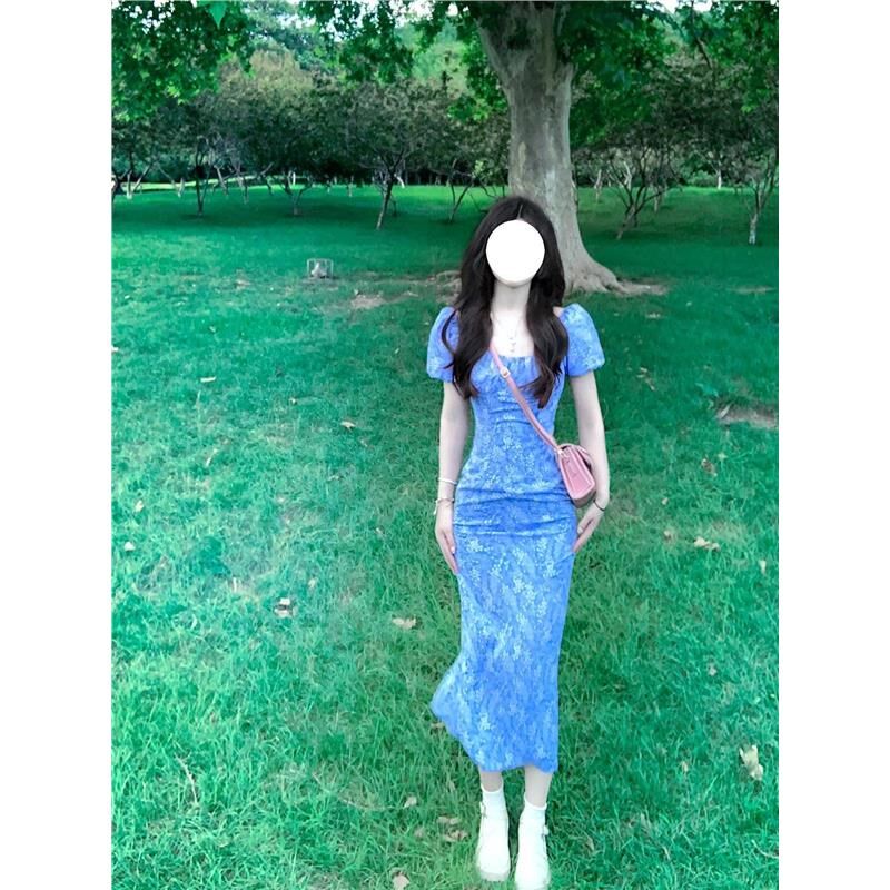 蓝色温柔度假气质修身法式开叉方领收腰包臀显瘦碎花连衣裙女夏季,女装/女士精品,真丝上装,淘宝优惠券,粉丝福利购,淘宝优惠卷