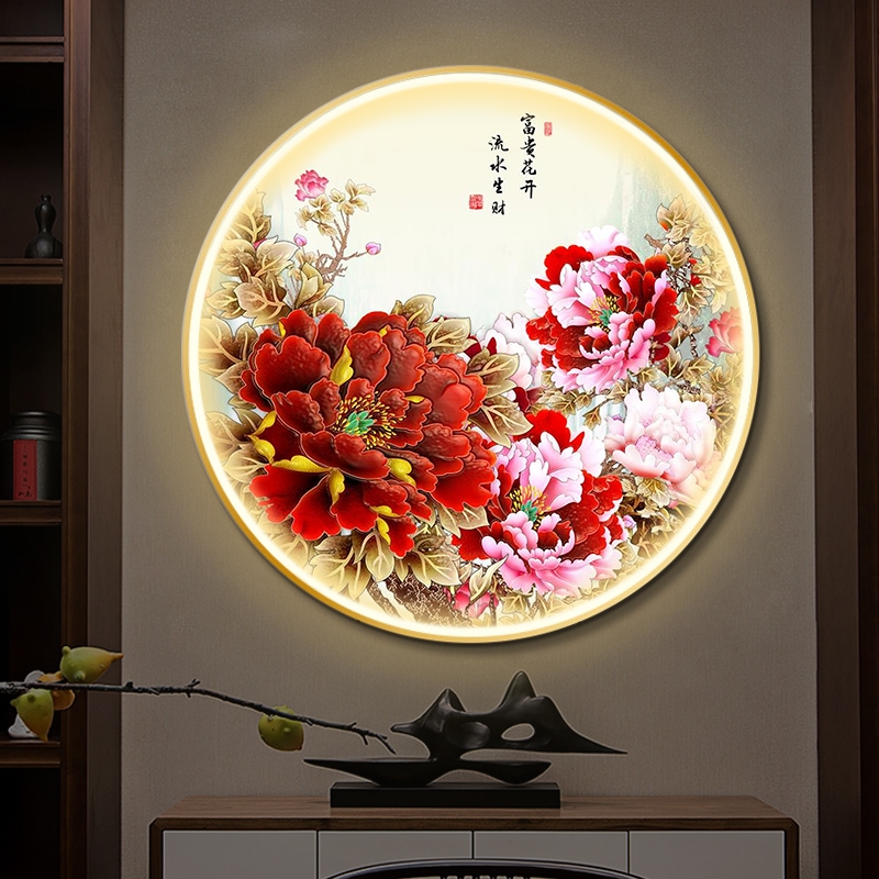 牡丹圆形玄关装饰画带led灯画花开富贵客餐厅挂画大气新中式壁画图片