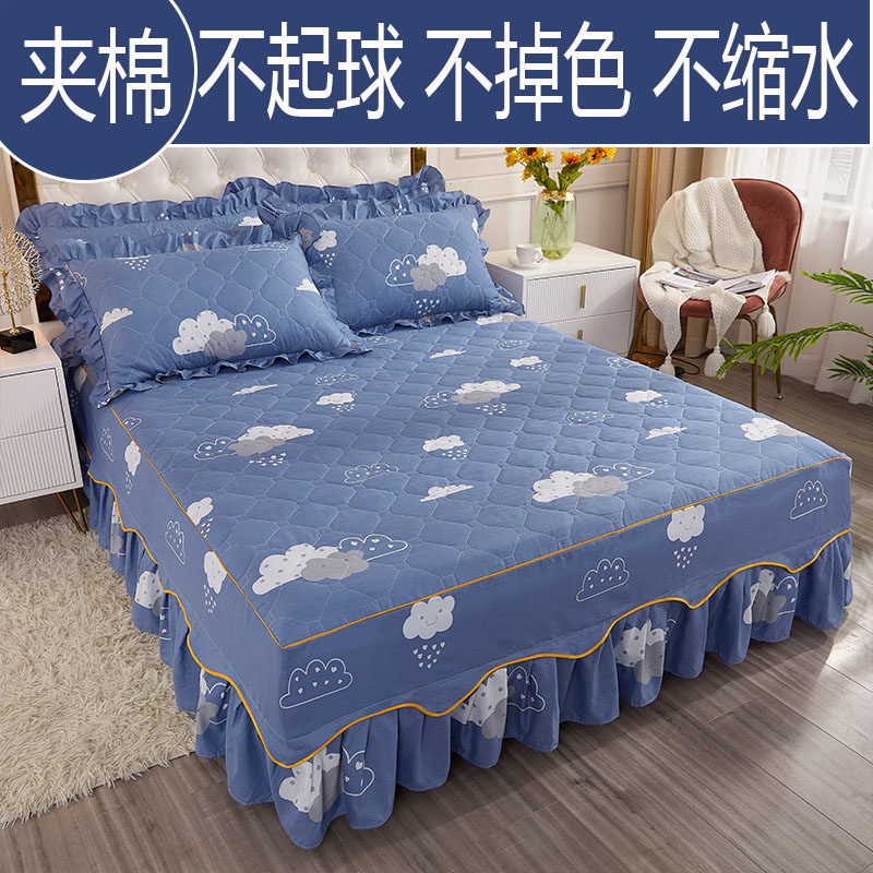 全棉加厚夹棉S花边床裙床罩纯棉三件套防滑床套单件1.5米1.8m床笠