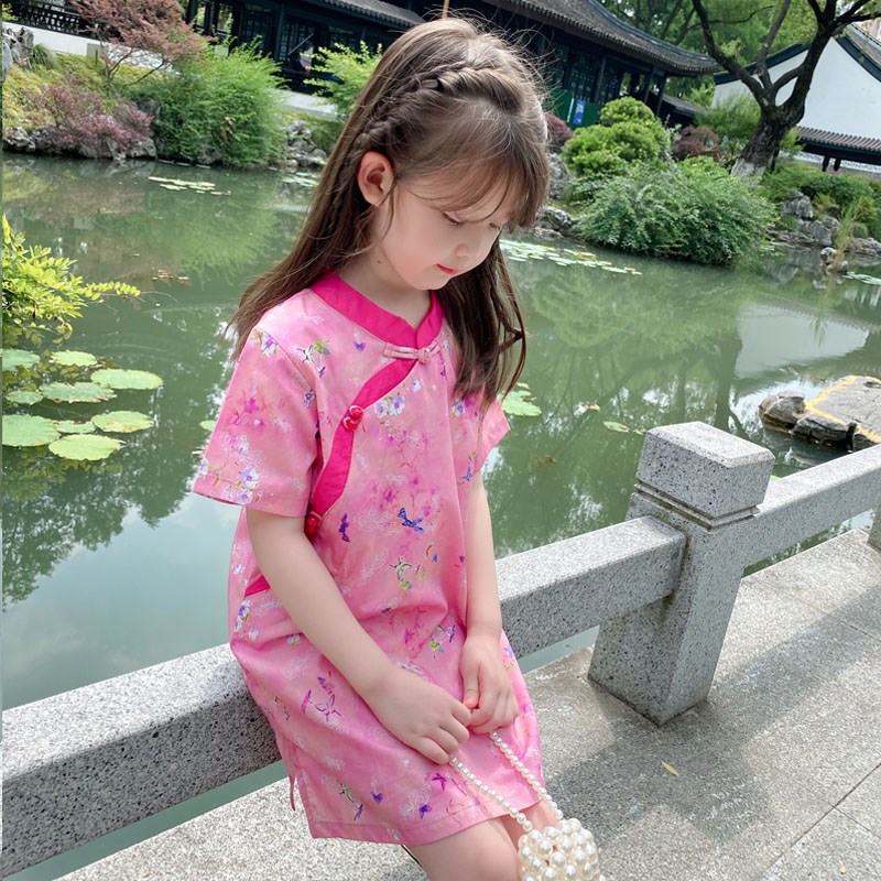 女童旗袍夏季儿童民国童装碎花改良低领连衣裙宝宝汉服中国风