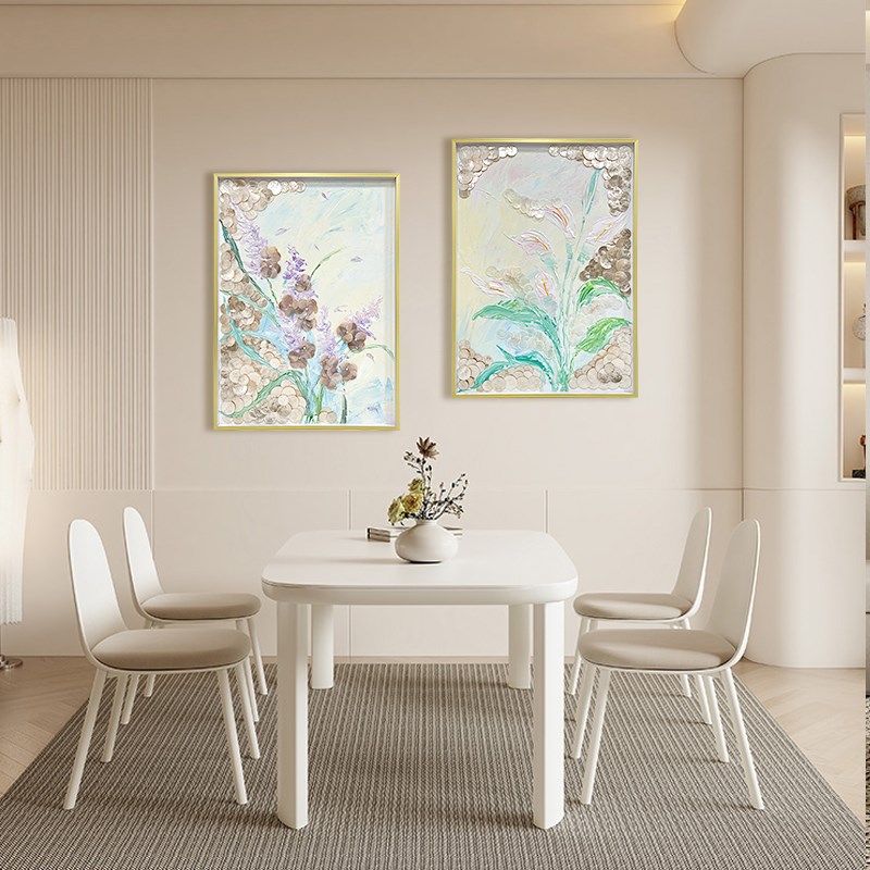 高级感花卉风景贝壳装饰画手绘油画卧室玄关客厅背景墙三联画图片
