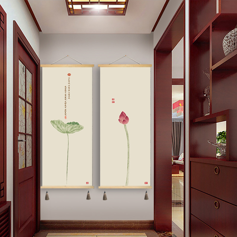 新中式挂画定制卷轴画装饰画荷花图玄关卧室餐厅墙壁画布艺画墙画图片