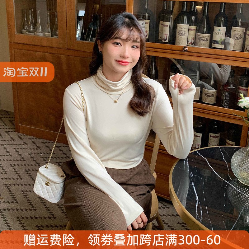大码mm胖潮打底衫遮肚显瘦高领洋气女装胖mm秋冬200斤堆堆领针织