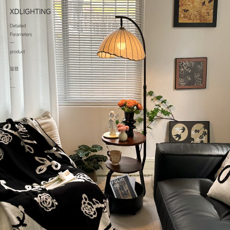 2024新款中古客厅钓鱼灯落地灯置物架一体复古沙发旁边装饰氛围灯