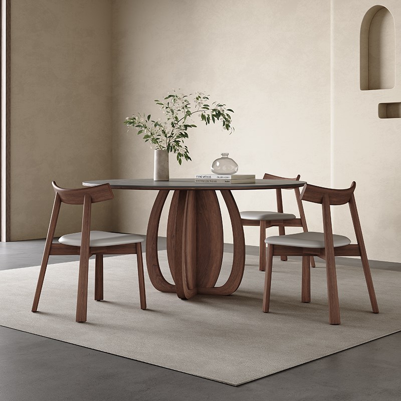 中古风实木餐桌圆桌小户型现代简约灰色高端全托北欧圆形岩板餐桌