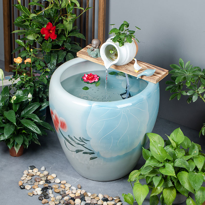 大型陶瓷流水鱼缸公司阳台造景水循环金鱼缸办公室客厅养鱼落地缸