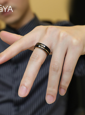 飒雅莫桑石钻戒男潮单身戒食指戒子乌金黑色个性轻奢霸气男士戒指