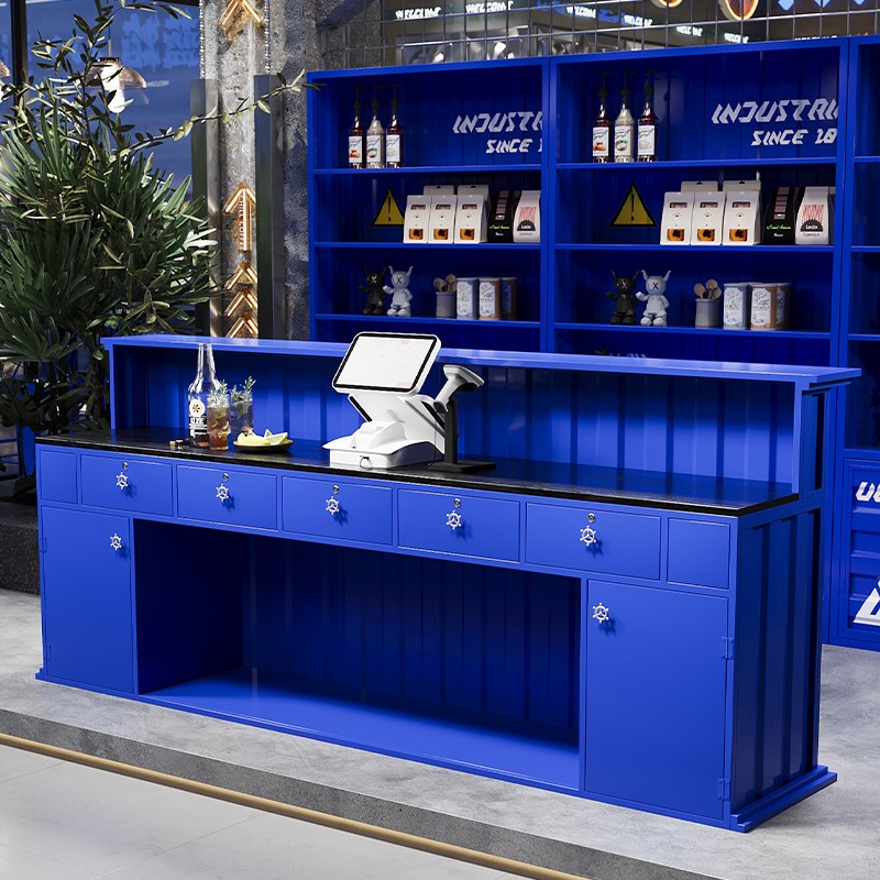 工业风吧台收银台铁艺集装箱咖啡店奶茶店复古创意转角前台接待台