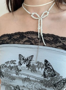 atmshop 气质蝴蝶结白色珠串仿珍珠双层绑带项链仙女高级锁骨链