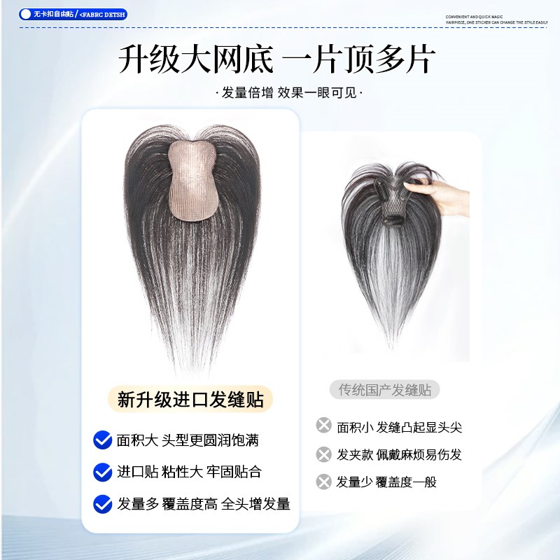 无需发夹魔术贴假发女片头顶补发蓬松颅顶自然前额真发浏海补发片