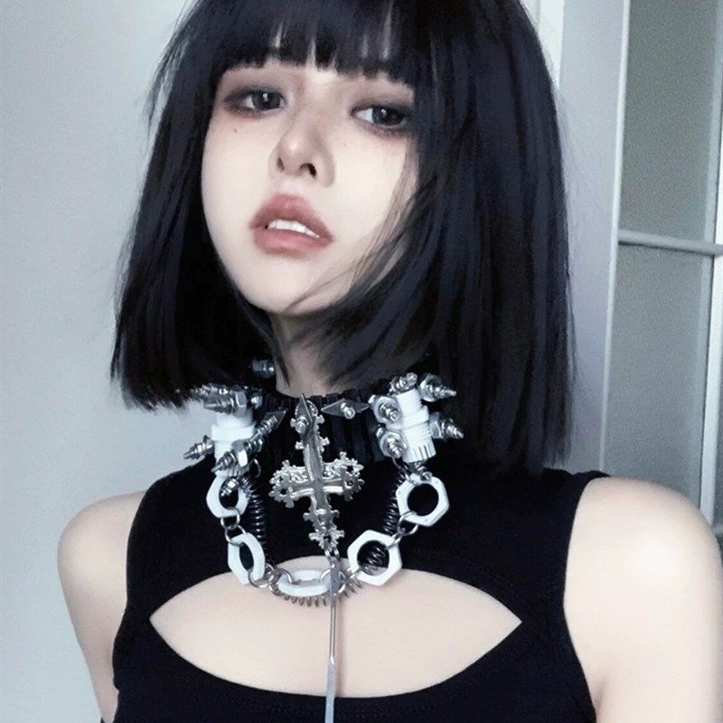 一刀切假发女短发夏季自然全头套式甜酷漫画浏海波波头整顶假发套