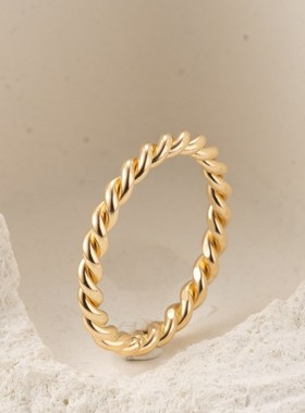 经典两线缠绕麻花戒指 14K包金素圈尾戒指女小指 小众设计叠戴