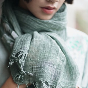 防晒丝巾护脖子做旧绿棉质围巾女褶皱田园毛边流苏夏四季百搭长款