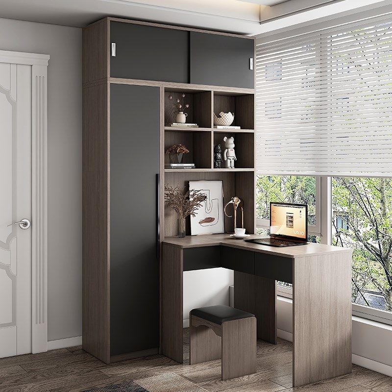 转角书桌书架一体家用卧室小户型衣橱电脑桌组合一半衣柜一半书柜