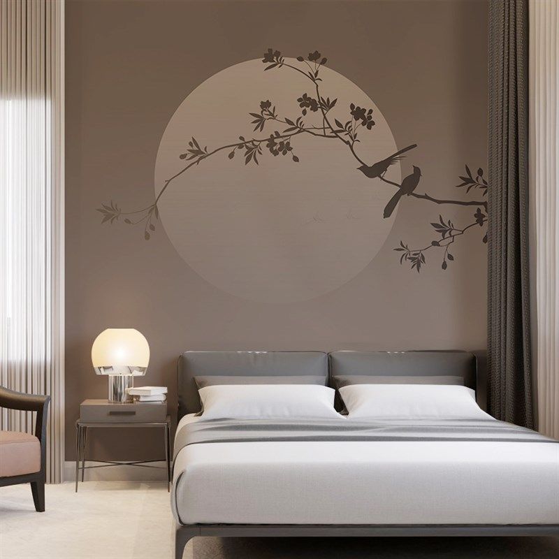 中式手绘淡雅圆月花鸟壁纸客厅背景墙纸古典墙布卧室环保定制壁画,家装主材,定制壁画,淘宝优惠券,粉丝福利购,淘宝优惠卷